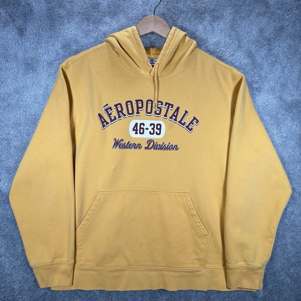 Vintage Aeropostale Hoodie Sweatshirt Mens XL Yellow Graphic Distressed 90s